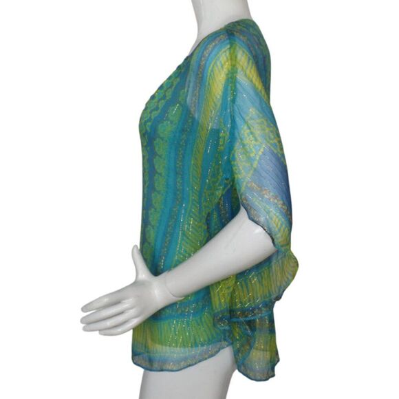 HALE BOB Top, M, Silk Layered Tank, Flutter Sleeves, V-neck, Blue/Green, Beaded - Picture 7 of 12